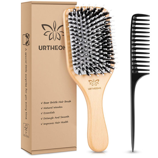 Picture of URTHEONE Hair Brush,Boar Bristle Hair Brushes and Styling Comb Set for Women Men Kids, Best Natural Wooden Paddle Hairbrush for Wet or Dry Hair Detangling Smoothing Massaging