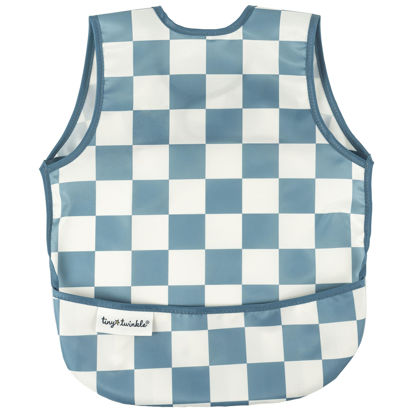 Picture of Tiny Twinkle Mess Proof Baby Bib - Waterproof Baby Apron - Machine Washable - PVC, BPA, & Phthalate Free - Great Travel Bib for Baby Eating - Baby Food Bibs (Blue Steel Checkers, Small 6-24 Months)