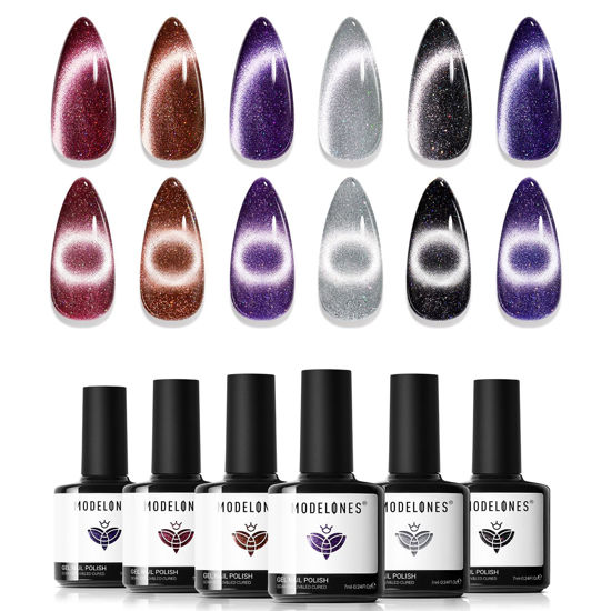 Picture of modelones Cat Eye Gel Nail Polish Set, 6 Colors Holographic 9D Cat Eye Glitter Gel Polish Black Red Purple Blue Silver Brown Nail Gel Polish with Magnet Soak Off Led Mani Nail Art Gel DIY Salon Gift