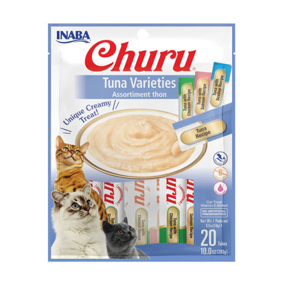 Picture of INABA Churu Cat Treats, Lickable, Squeezable Creamy Purée Cat Treat with Green Tea Extract & Taurine, 0.5 Ounces Each Tube, 20 Tubes, Tuna Variety Bag (with Salmon)