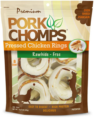 Picture of Pork Chomps Pressed Pork Skin Dog Chews, 2.5-inch Rings, Real Chicken, 8 Count