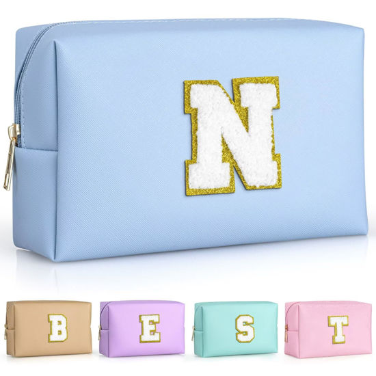 Picture of TOPEAST Preppy Stuff Cute Makeup Bag Small Cosmetic Bag Travel Toiletry Bag, Personalized Birthday Wedding Gifts for Mom Teacher Friends Bridesmaids, Preppy Travel Stuff for Girls (Sky Blue N)