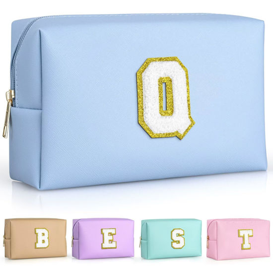 Picture of TOPEAST Initial Makeup Bag For Travel, Chenille Letter Pouch Cosmetic Bag, PU Leather Waterproof Toiletry Bag, Personalized Gifts For Bride Bridemaids, Cute Things for Girls (Sky Blue Q)