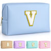 Picture of TOPEAST Initial Makeup Bags for Women, Personalized Portable Cosmetic Bag for Travel, Cute Makeup Pouch, PU Leather Waterproof Toiletry Bag, Preppy Things for Girl (Sky Blue V)