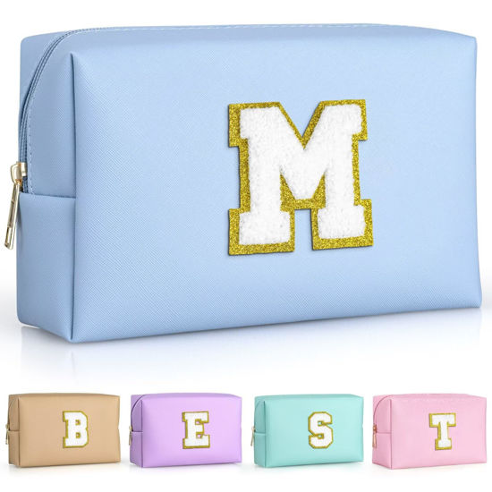 Picture of TOPEAST Monogrammed Gifts for Women, Preppy Makeup Bag Small Cosmetic Bag Travel Toiletry Bag, Personalized Birthday Gift for Girl, Wedding Bridal Shower Gifts for Bridesmaids (Sky Blue M)