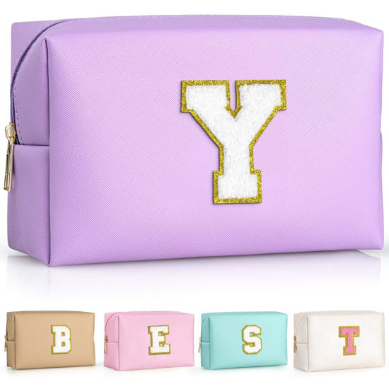 Picture of TOPEAST Preppy Makeup Bag, Small Cosmetic Travel Bags for Women, PU Leather Waterproof Toiletry Bag with Zipper, Personalized Birthday Gift for Women Girl, Preppy Gifts for Girl (Purple Y)