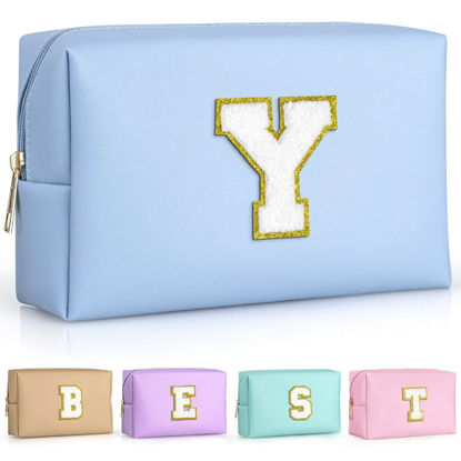 Picture of TOPEAST Preppy Makeup Bag, Small Cosmetic Travel Bags for Women, PU Leather Waterproof Toiletry Bag with Zipper, Personalized Birthday Gift for Women Girl, Preppy Gifts for Girl (Sky Blue Y)