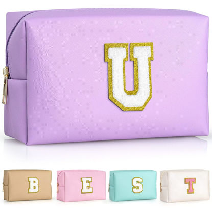 Picture of TOPEAST Personalized Makeup Bags for Women, Chenille Letter Pouch Cosmetic Bag with Zipper, Travel Toiletry Bag, Monogrammed Birthday Gift for Friends, Cute Stuff for Girls (Purple U)