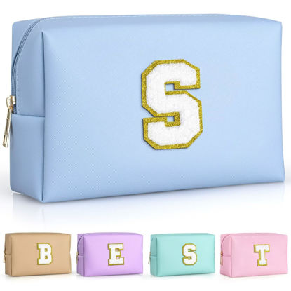 Picture of TOPEAST Initial Cosmetic Bag for women, Preppy Small Makeup Bag, PU Leather Waterproof Toiletry Bag, Monogrammed Birthday Gifts For Women, Stuff for girls (Sky Blue S)