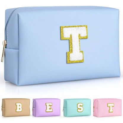 Picture of TOPEAST Preppy Stuff for Girls, Initial Makeup Bag Chenille Letter Pouch Cosmetic Bag with Zipper, PU Leather Waterproof Toiletry Bag, Cute Stuff Birthday Gift For Friends Sister (Sky Blue T)