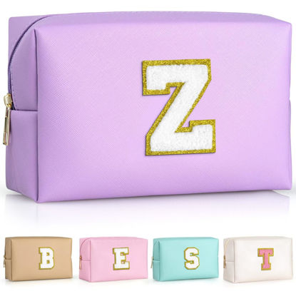 Picture of TOPEAST Preppy Makeup Bag, Small Cosmetic Travel Bags for Women, Pu Leather Waterproof Toiletry Bag with Zipper, Personalized Birthday Gift for Women Girl, Preppy Gifts for Girl (Purple Z)