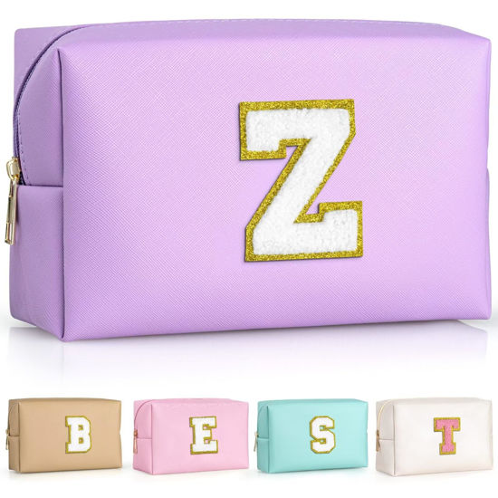 Picture of TOPEAST Preppy Makeup Bag, Small Cosmetic Travel Bags for Women, Pu Leather Waterproof Toiletry Bag with Zipper, Personalized Birthday Gift for Women Girl, Preppy Gifts for Girl (Purple Z)