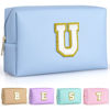 Picture of TOPEAST Personalized Makeup Bags for Women, Chenille Letter Pouch Cosmetic Bag with Zipper, Travel Toiletry Bag, Monogrammed Birthday Gift for Friends, Cute Stuff for Girls (Sky Blue U)