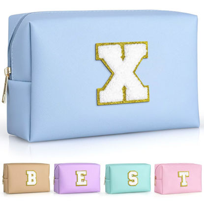 Picture of TOPEAST Initial Makeup Bags for Women, Personalized Portable Cosmetic Bag with Zipper, Cute Makeup Pouch, Bridesmaid Gifts for Wedding Day, Girl Trendy Stuff(Sky Blue X)