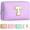 Picture of TOPEAST Preppy Stuff for Girls, Initial Makeup Bag Chenille Letter Pouch Cosmetic Bag with Zipper, PU Leather Waterproof Toiletry Bag, Cute Stuff Birthday Gift For Friends Sister (Purple T)