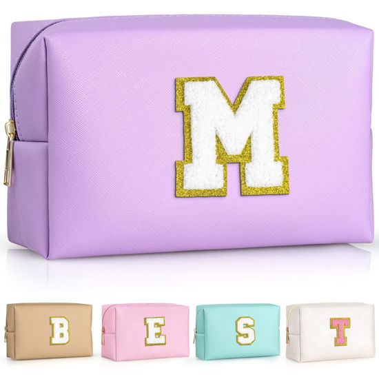 Picture of TOPEAST Monogrammed Gifts for Women, Preppy Makeup Bag Small Cosmetic Bag Travel Toiletry Bag, Personalized Birthday Gift for Girl, Wedding Bridal Shower Gifts for Bridesmaids (Purple M)