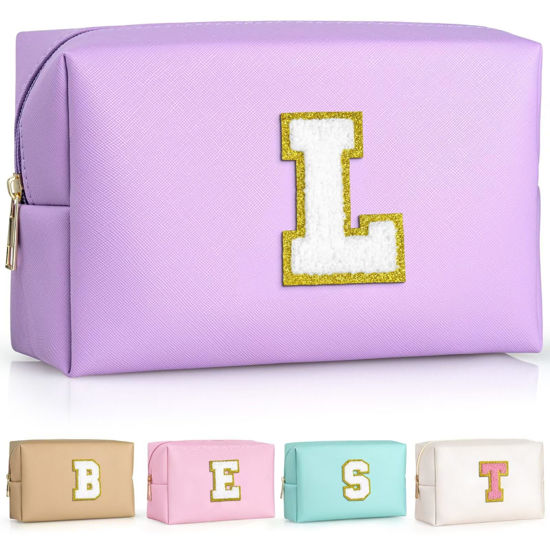 Picture of TOPEAST Personalized Birthday Gifts for Women, Preppy Patch Makeup Bag, Chenille Letter Pouch Cosmetic Bag, Travel Organizer, Christmas Gifts for Friends, Cute Stuff For Girls (Purple L)