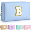 Picture of TOPEAST Preppy Patch Makeup Bag, Chenille Letter Pouch Cosmetic Bag, PU Leather Waterproof Toiletry Bag, Personalized Birthday Gift for Women Girl, Cute Stuff for Girls (Sky Blue B)