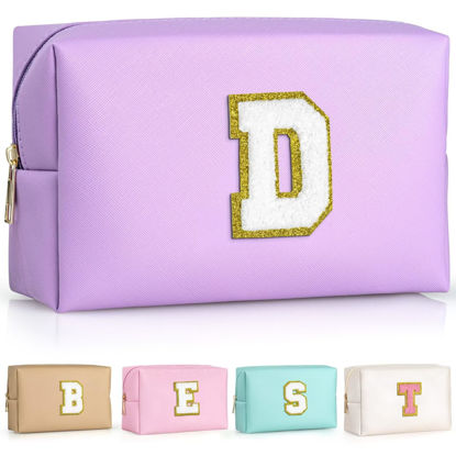 Picture of TOPEAST Preppy Small Makeup Bag, Chenille Letter Pouch Cosmetic Bag With Zipper, PU Leather Waterproof Toiletry Bag, Personalized Birthday Gift For Women, Cute Stuff For Girls (Purple D)