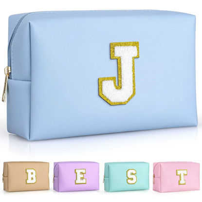 Picture of TOPEAST Birthday Gifts for Girls, Travel Makeup Bag Chenille Letter Pouch Cosmetic Bag, Makeup Travel Organizer, Monogrammed Bridesmaid Gifts for Women, Cute Stuff For Girls (Sky Blue J)