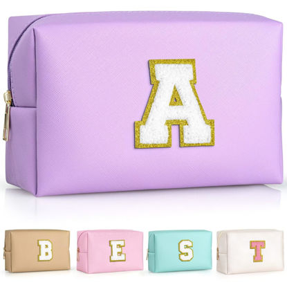 Picture of TOPEAST Preppy Makeup Bag, Personalized Initial Bags with Zipper, Cute Makeup Pouch, PU Leather Waterproof Cosmetic Bag, Birthday Gift For Daughter, Preppy Things For Girls (Purple A)