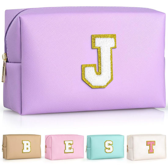 Picture of TOPEAST Birthday Gifts for Girls, Travel Makeup Bag Chenille Letter Pouch Cosmetic Bag, Makeup Travel Organizer, Monogrammed Bridesmaid Gifts for Women, Cute Stuff For Girls (Purple J)