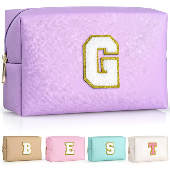 Picture of TOPEAST Travel Makeup Bag, Personalized Initial Toiletry Bag w Zipper, Cute Makeup Pouch, PU Leather Waterproof Cosmetic Bag, Birthday Gift For Daughter, Preppy Things For Girls (Purple G)