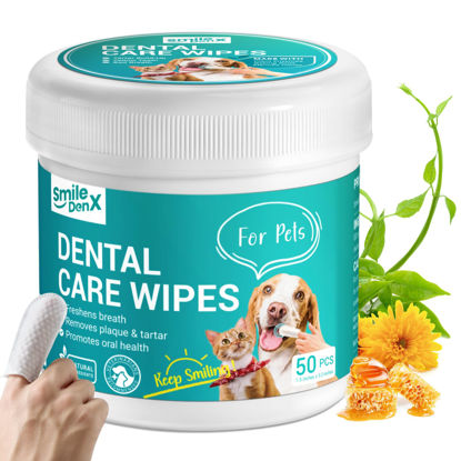 Picture of SmileDenX Dog Dental Care Wipes - Cat & Dog Teeth Cleaning Finger Wipes - Dog Tooth Brushing Kit Dental Wipes - Reduces Plaque & Freshens Breath (50 Pcs)