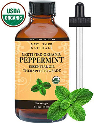 Picture of Organic Peppermint Essential Oil Large 4 oz, USDA Certified Organic, By Mary Tylor Naturals Premium Therapeutic Grade, 100% Pure, Perfect for Aromatherapy, Relaxation, Improved Mood, Repel Mice, Pests