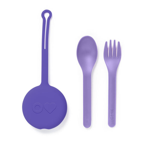 Picture of OmieBox Kids Utensils Set with Case - 2 Piece Plastic, Reusable Fork and Spoon Silverware with Pod for Kids (Lilac)