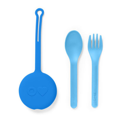 Picture of OmieBox Kids Utensils Set with Case - 2 Piece Plastic, Reusable Fork and Spoon Silverware with Pod for Kids (Blue)