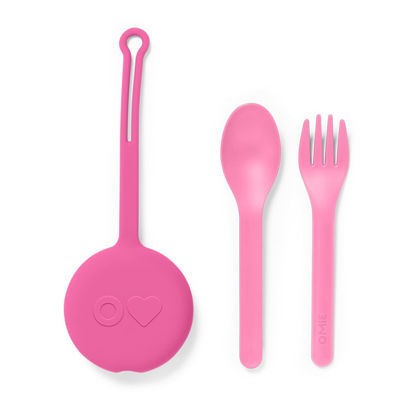 Picture of Omie OmieBox Kids Utensils Set with Case - 2 Piece Plastic, Reusable Fork and Spoon Silverware with Pod for Kids (Bubble Pink)