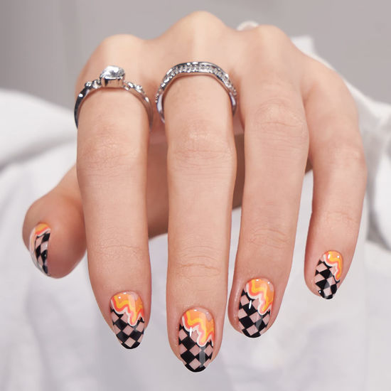 Picture of BTArtbox Press On Nails Short - Halloween Press On Nails Oval Fake Nails with Nail Glue, Fit Perfectly & Natural False Nails in 15 Sizes Soft Gel Glue On Nails Kit, Waves Chess