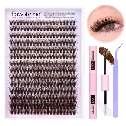 Picture of Pawotence Lash Extension Kit DIY 280pcs Brown Lash Clusters Eyelash Extension Kit 40D 9-16mm Individual Lashes Kit with Lash Bond and Seal Lash Tweezers for Self Use (Brown 40D, 9-16mm, Kit)