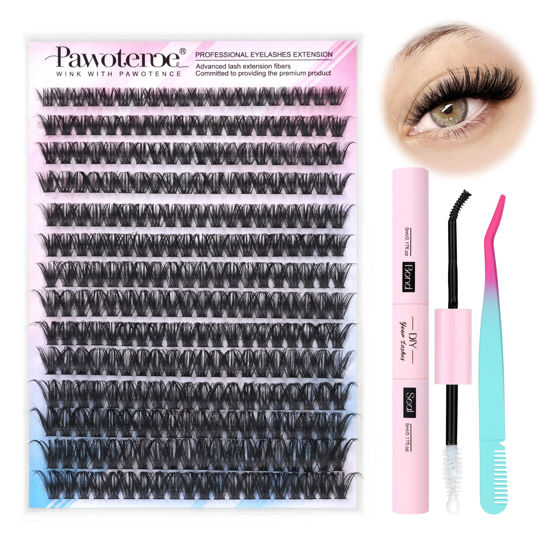 Picture of Pawotence Lash Extension Kit DIY 280pcs Individual Lash Clusters Kit 50D 9-16mm Cluster Eyelash Extensions Kit with Lash Bond and Seal, Lash Tweezers for Self Application (50D, 0.07D, 9-16mm, Kit)