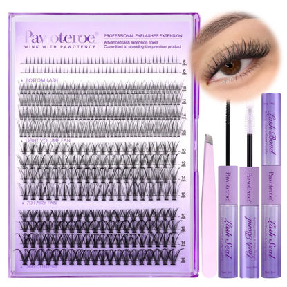 Picture of Pawotence Lash Extension Kit Lash Clusters Multi-types Individual Lashes Natural Bottom, Light Volume, 20D 30D Clusters Eyelash Extension Kit with Lash Bond and Seal, Lash Applicator for Self Use