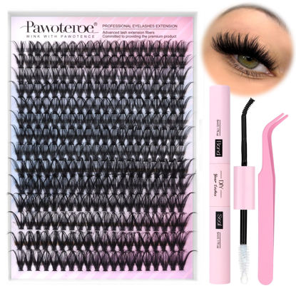 Picture of Pawotence Lash Extension Kit DIY 40D 12-18mm Individual Lash Clusters Kit 280pcs Cluster Eyelash Extensions Kit with Lash Bond and Seal, Lash Tweezers for Self Application (Long 40D, 12-18mm, Kit)