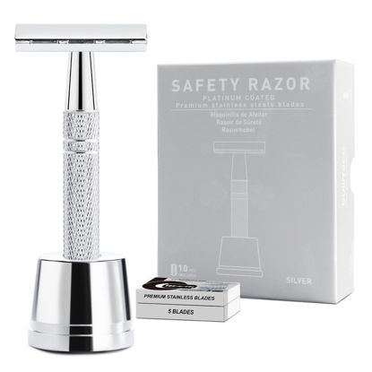 Picture of Double Edge Safety Razor with Stand, Reusable Metal Single Blade Razors for Men and Women, with 10 Platinum Coated Double Edge Safety Razor Blades, Women's Safety Shaving Razors, Silver