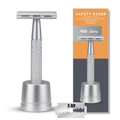 Picture of Double Edge Safety Razor with Stand, Single Blade Razors for Men, Reusable Razors for Women, Men's Safety Shaving Razors with 10 Double Edge Safety Razor Blades, Home Essentials, Matte Silver