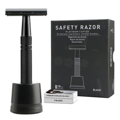 Picture of Double Edge Safety Razor with Stand, Reusable Metal Single Blade Razors for Men and Women, with 10 Platinum Coated Double Edge Safety Razor Blades, Women's Safety Shaving Razors, Matte Black