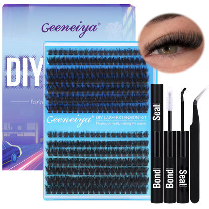 Picture of Geeneiya Fluffy Lashes Extension Kit DIY Lash Clusters Kit D Curl Eyelash Extension Kit with Lash Bond and Seal Lash Glue, Lash Applicator for Beginners (80D+100D,10-18MM, 280Pcs)