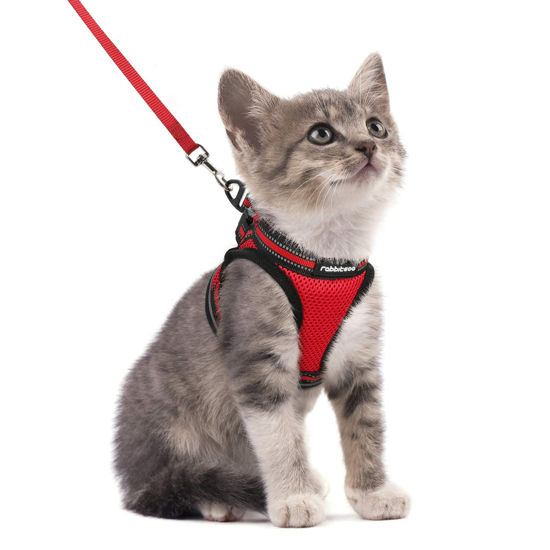 Picture of rabbitgoo Cat Harness and Leash Set for Walking Escape Proof, Adjustable Soft Kittens Vest with Reflective Strip for Cats, Comfortable Outdoor Vest, Red, S