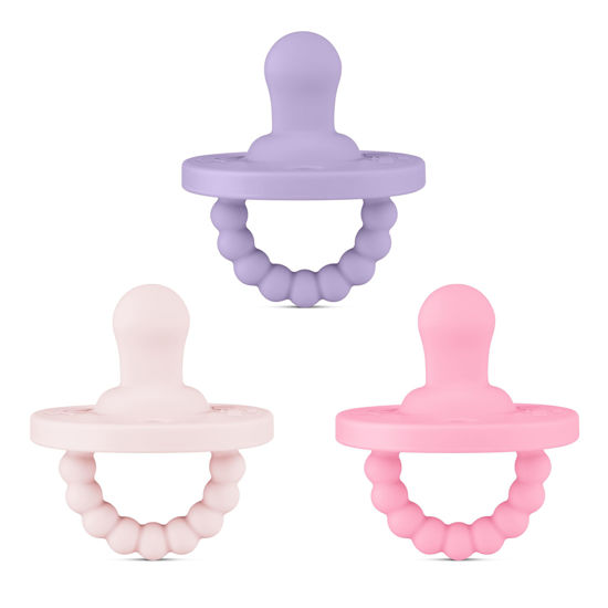 Picture of Ryan & Rose Cutie PAT All-in-One Pacifier and Teether Massaging Teething Ring and Hideaway Binky for Growing Babies (Bliss (3 Pack), Flat)