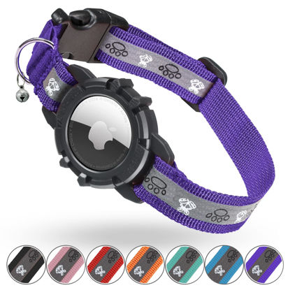 Picture of Reflective AirTag Cat Collar, Integrated Cat Tracker Collar with Air Tag Holder and Bell, Safety Elastic Band Cat GPS Collars for Girl Boy Cats, Kittens and Puppies (Purple, XS)