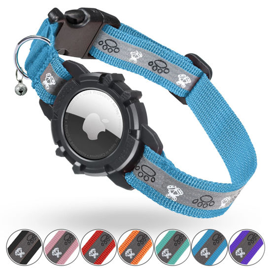 Picture of Reflective AirTag Cat Collar, Integrated Cat Tracker Collar with Air Tag Holder and Bell, Safety Elastic Band Cat GPS Collars for Girl Boy Cats, Kittens and Puppies (Blue, XS)