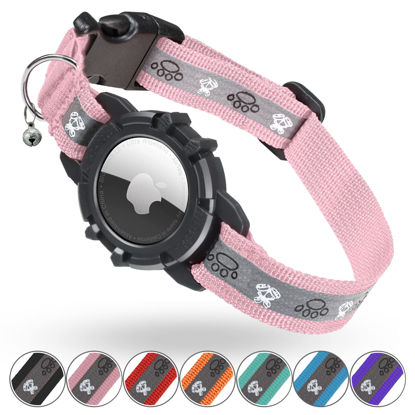 Picture of Reflective AirTag Cat Collar, Integrated Cat Tracker Collar with Air Tag Holder and Bell, Safety Elastic Band Cat GPS Collars for Girl Boy Cats, Kittens and Puppies (Pink, XS)