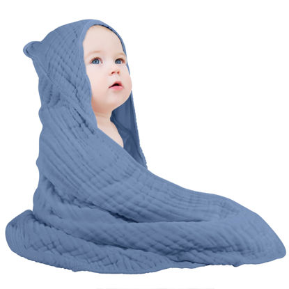 Picture of Yoofoss Hooded Baby Towels for Newborn 100% Muslin Cotton Baby Bath Towel with Hood for Babies, Infant, Toddler and Kids, Large 32x32Inch, Soft and Absorbent Newborn Essential,Dark Blue