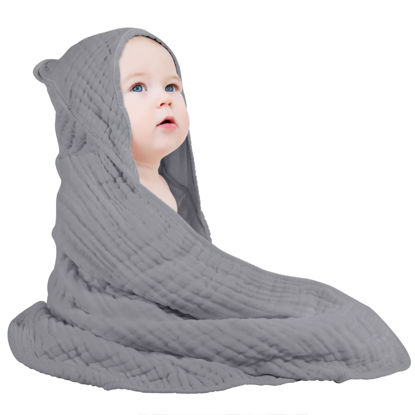 Picture of Yoofoss Hooded Baby Towels for Newborn 100% Muslin Cotton Baby Bath Towel with Hood for Babies, Infant, Toddler and Kids, Large 32x32Inch, Soft and Absorbent Newborn Essential,Grey