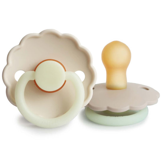 Picture of FRIGG Daisy Night Natural Rubber Baby Pacifier | Made in Denmark | BPA-Free (Croissant/Cream, 0-6 Months) 2-Pack