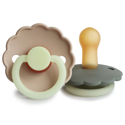 Picture of FRIGG Daisy Night Natural Rubber Baby Pacifier | Made in Denmark | BPA-Free (Portobello/Croissant, 6-18 Months) 2-Pack